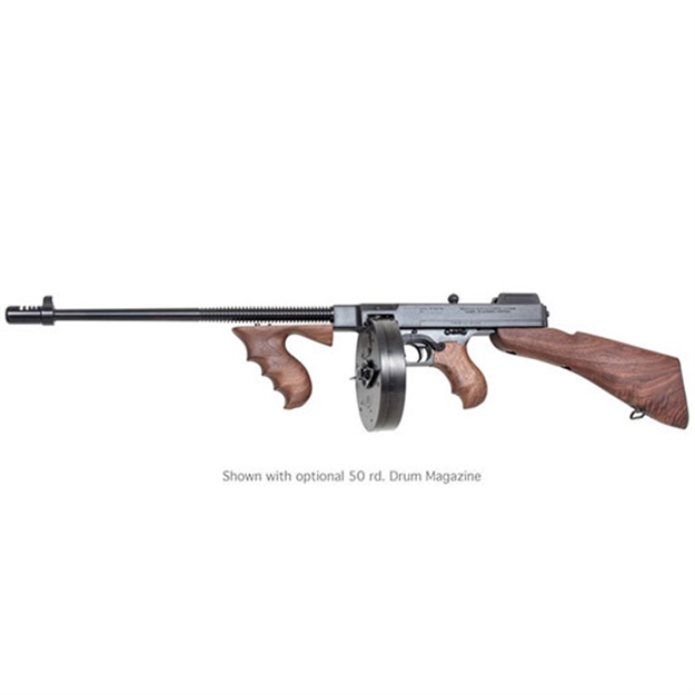 Picture of  Thompson T1b100d 1927A-1 Deluxe Carbine 45 Acp Caliber With 18" Barrel, 20+1 Capacity (Stick), 100+1 Capacity (Drum), Blued Metal Finish, American Walnut Removable Fixed Stock & Wood Grip Right Hand 602686211185