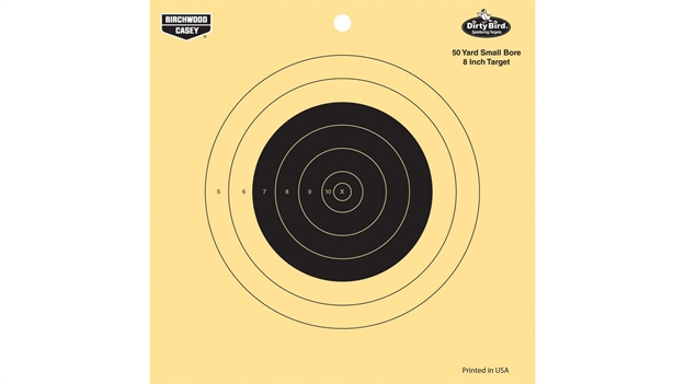 Picture of  Birchwood Casey 35815 Dirty Bird  8" Bullseye Tagboard Hanging 50 Yds Small Bore Rifle Black/Yellow 25 Per Pkg