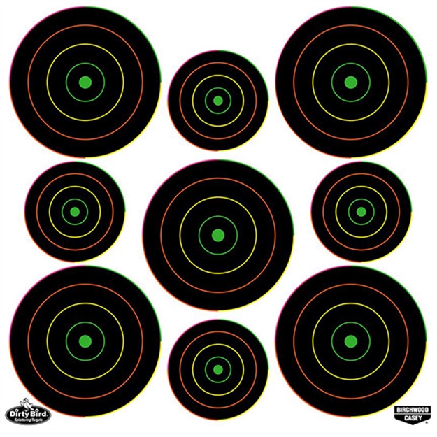 Picture of Birchwood Casey Dirty Bird 2", 3" Multi-Color Bull's-Eye Target (80 - 2" & 100 - 3") - 20 Sheets 35828 029057358285