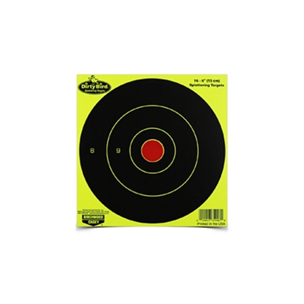 Picture of  Birchwood Casey 35906 Dirty Bird  6" Bullseye Paper Hanging Pistol/Rifle Black/Yellow 16 Per Pkg 029057359060