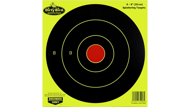 Picture of  Birchwood Casey 35908 Dirty Bird  8" Bullseye Paper Hanging Universal Black/Yellow 8 Per Pkg 029057359084