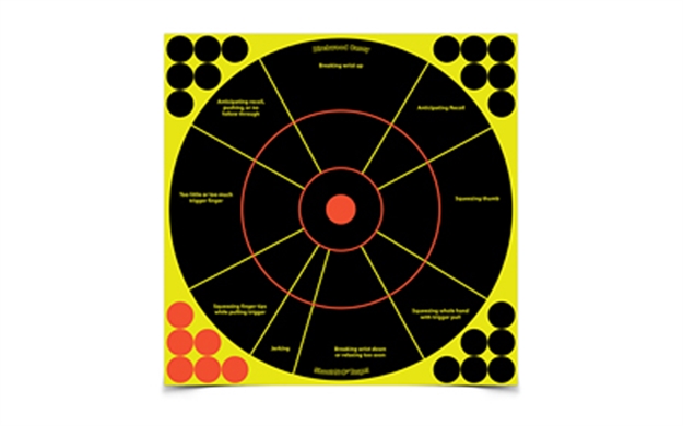 Picture of  Birchwood Casey 34032 Shoot-N-C Reactive Target Self-Adhesive Paper Black/Yellow/Red 12" Circle 5 Pack 029057340327