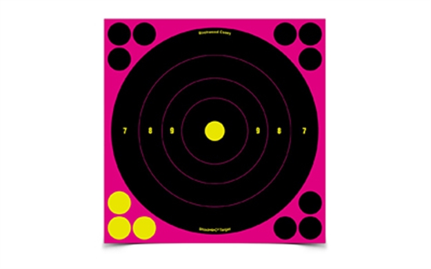 Picture of  Birchwood Casey 34808 Shoot-N-C Reactive Target Self-Adhesive Paper Black/Pink 8" Bullseye 6 Pack 029057348088