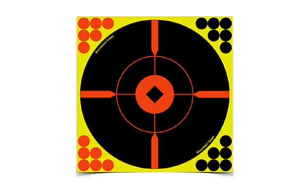 Picture of  Birchwood Casey 34806 Shoot-N-C Reactive Target Self-Adhesive Paper Black/Yellow/Red 8" Bullseye Bmw 6 Pack
