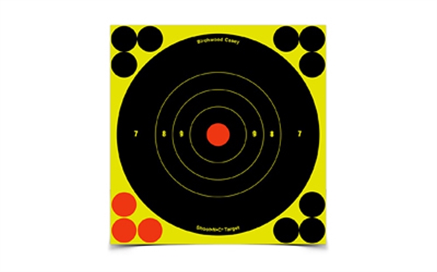 Picture of  Birchwood Casey 34512 Shoot-N-C Reactive Target Self-Adhesive Paper Black/Yellow/Red 6" Bullseye 12 Pack 029057345124