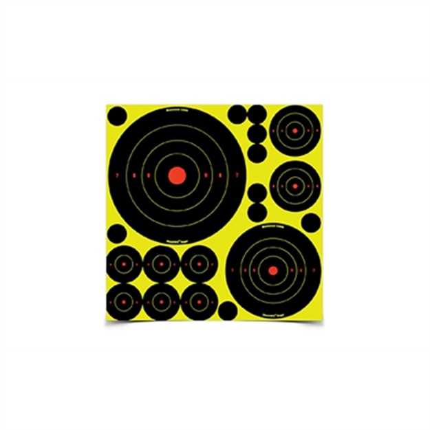 Picture of  Birchwood Casey 34018 Shoot-N-C Reactive Target Variety Pack Self-Adhesive Paper Black/Yellow Bullseye 50 Pack 029057340181