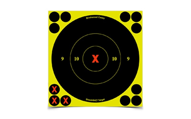 Picture of  Birchwood Casey 34560 Shoot-N-C Reactive Target Self-Adhesive Paper Black/Yellow 6" X-Bullseye 60 Pack 029057345605