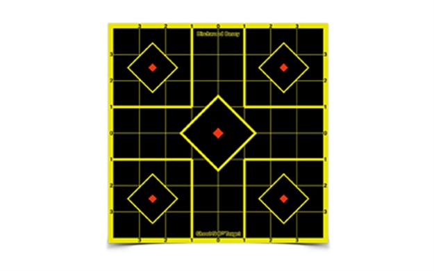 Picture of  Birchwood Casey 34105 Shoot-N-C Reactive Target Self-Adhesive Paper Black/Yellow 8" 5-Diamond 6 Pack 029057341058