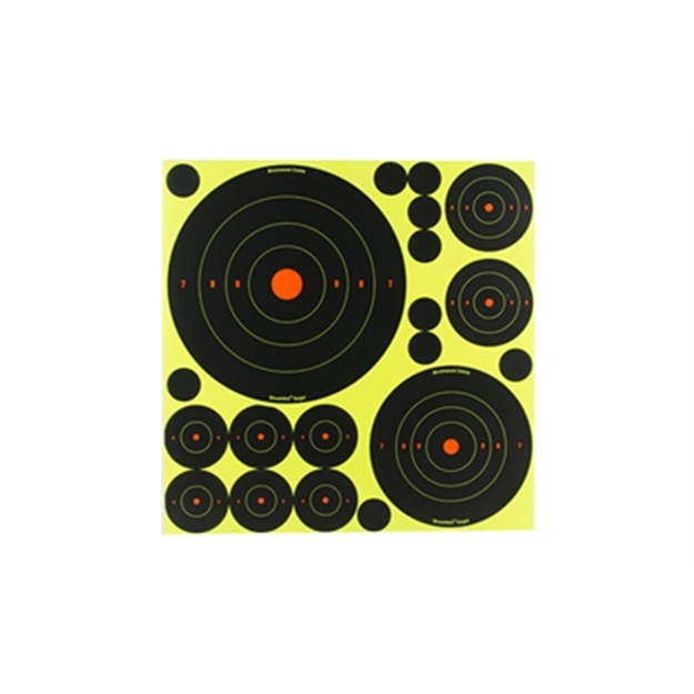 Picture of  Birchwood Casey 34208 Shoot-N-C Reactive Target Variety Pack Bullseye Adhesive Paper Target 4 Per Pkg