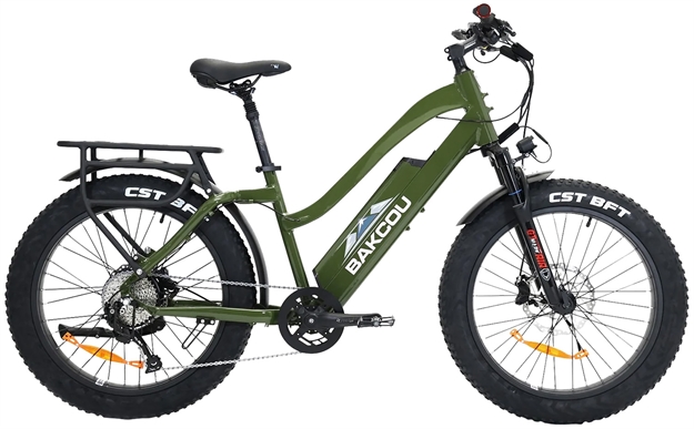 Picture of  Bakcou E-Bikes B-Fst24-G-B17 Flatlander ST 24 Gloss Army Green 18" W/Stand Over Height OF 26"/Frame Shimano Alivio Hill-Climbing 9 Speed Bafang 750W High-End Rear Hub Motor 25+ Mph Speed