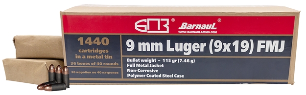Picture of Barnaul Ammo Brn9mmlugerfmj115mtlca Pistol  9Mm Luger 115 GR Full Metal Jacket (Fmj) 1400 Bx/ 1 CS