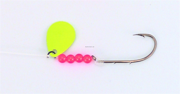 Picture of Bear Paw Flicker Snelled Hook, Size 4, Baitholder, Bronze, Fluorescent Yellow Spinner,8" Mono, 6 Per Pack