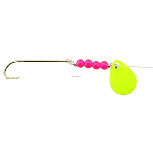 Picture of Bear Paw Flicker Snelled Hook, Size 6, Long Shank, Gold, Fluorescent Yellow Spinner, 8" Mono, 6 Per Pack
