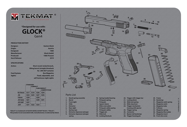 Picture of  Tekmat Tekr17glockg4gy Glock Gen4 Cleaning Mat Gray Rubber 17" Long Glock Gen4 Parts Diagram
