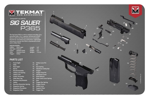 Picture of  Tekmat Tekr17sig9365 Sig Sauer P365 Cleaning Mat Multi-Color Rubber 11"X17" Sig P365 Parts Diagram