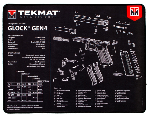 Picture of  Tekmat Tekr20glockg4 Glock Gen4 Ultra 20 Cleaning Mat Black/White Rubber 15"X20" Glock Gen4 Parts Diagram