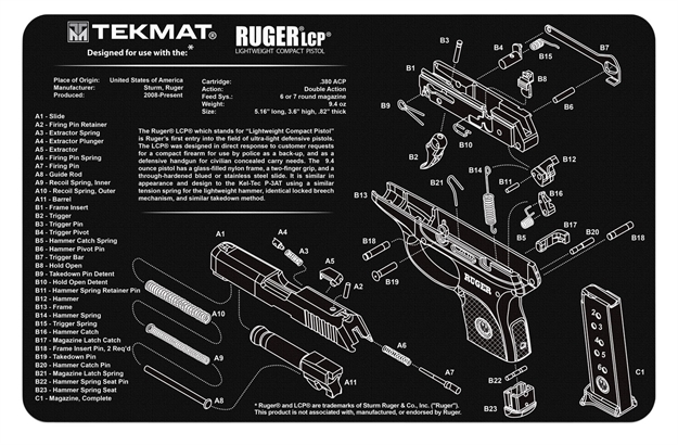 Picture of Beck Tek, Llc (Tekmat) Tekr17rugerlcp Original Cleaning Mat  Ruger Lcp Parts Diagram 11" X 17"