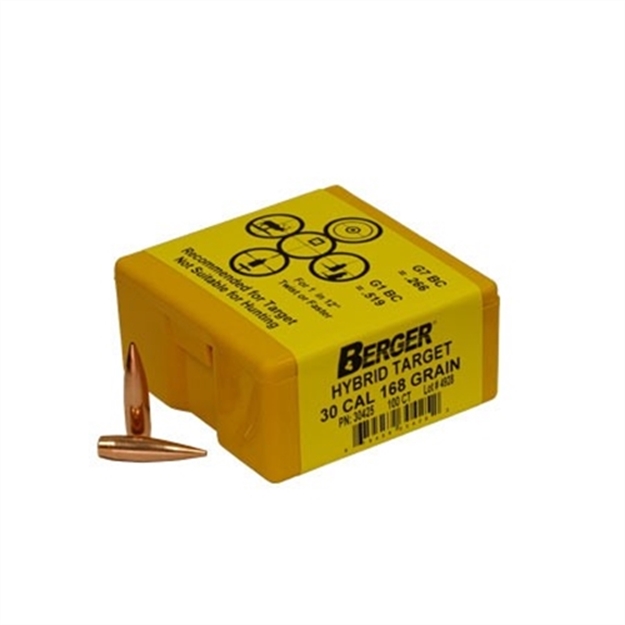 Picture of Berger Hybrid Target Bullets, 30 Caliber 168 Grain 100 Count Box 30425 679459304252