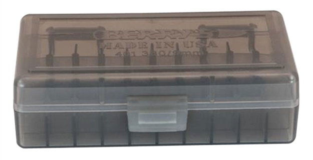 Picture of Berrys 40101 Ammo Box Handgun Ammunition Ammo Box 380/9Mm 1.26" Oal X .40" 50 RD Injection Molded Polymer Smoke