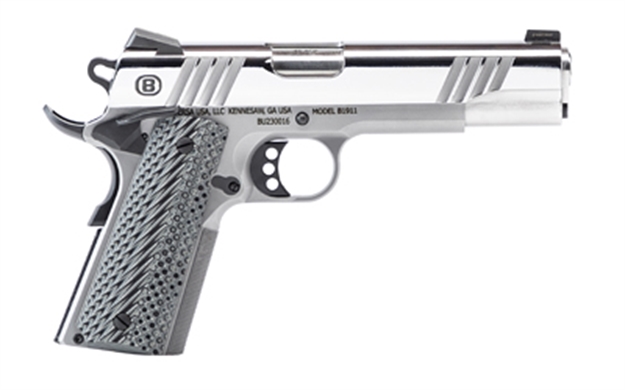 Picture of  Bersa B19117050pmbg B1911 Mirror Full Size Frame 45 Acp 8+1 5" Stainless Steel Barrel, Polished Stainless Serrated Steel Slide, Stainless Steel Frame W/Beavertail, Gray VZ Grip, Ambidextrous