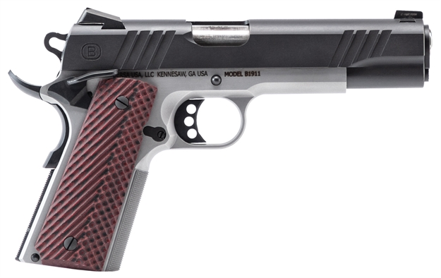 Picture of  Bersa B19117050bmbc B1911  Full Size Frame 45 Acp 8+1 5" Stainless Steel Barrel, Stainless Serrated Steel Slide, Black Stainless Steel Frame W/Beavertail, Rosewood Grip, Ambidextrous 704674129431