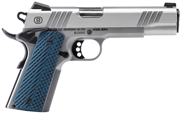 Picture of  Bersa B19117050smbl B1911  Full Size Frame 45 Acp 8+1 5" Stainless Steel Barrel, Polished Stainless Serrated Steel Slide, Matte Stainless Stainless Steel Frame W/Beavertail, Blue VZ Grip, Ambidextrous 704674122289