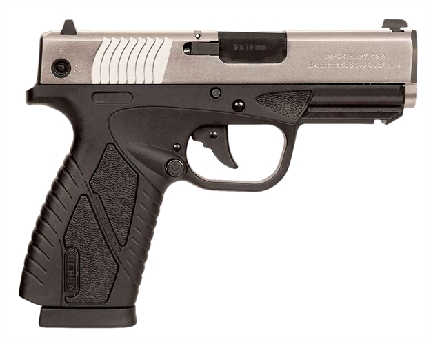 Picture of  Bersa Bp9spgcc Bpcc  Sub-Compact Frame 9Mm Luger 8+1, 3.30" Black Steel Barrel, Sliver Serrated Steel Slide, Sniper Gray Polymer Frame W/Picatinny Rail