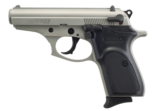 Picture of  Bersa T22nkl Thunder  Micro-Compact Frame 22 LR 10+1 3.50" Nickel Steel Barrel, Nickel Cerakote Serrated Slide & Aluminum Frame W/Beavertail Black Textured Polymer Grip 810083201528