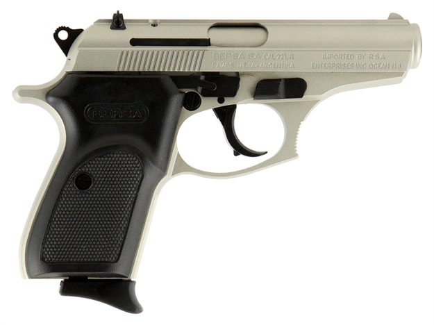 Picture of  Bersa T22nkl Thunder  Micro-Compact Frame 22 LR 10+1 3.50" Nickel Steel Barrel, Nickel Cerakote Serrated Slide & Aluminum Frame W/Beavertail Black Textured Polymer Grip 810083201528