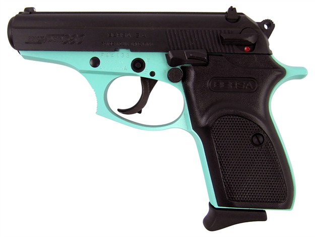 Picture of  Bersa T380blm8 Thunder  Micro-Compact Frame 380 Acp 8+1, 3.50" Robin Egg Blue Cerakote Steel Barrel, Matte Black Serrated Steel Slide, Robin Egg Blue Cerakote Aluminum Frame 810083200101