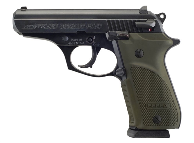 Picture of  Bersa T380pmc Thunder Combat Sub-Compact Frame 380 Acp 15+1, 3.50" Black Steel Barrel, Matte Black Serrated Steel Slide & Aluminum Frame W/Beavertail, Olive Wrap-Around Grip