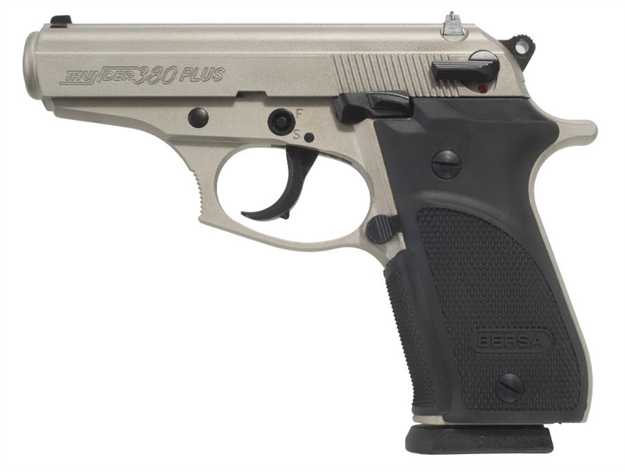 Picture of  Bersa Thun380pnkl15 Thunder Plus Sub-Compact Frame 380 Acp 15+1, 3.50" Nickel Steel Barrel, Nickel Cerakote Serrated Steel Slide, Nickel Cerakote Aluminum Frame W/Beavertail, Black Rubber Grip