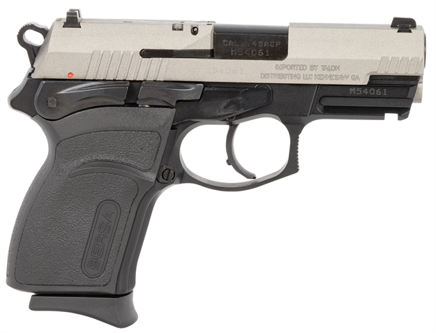 Picture of  Bersa Tpr45cdt Tprc  Compact Frame 45 Acp 7+1, 3.50" Black Steel Barrel, Nickel Cerakote Serrated Steel Slide, Matte Black Aluminum Frame W/Picatinny Rail, Ambidextrous