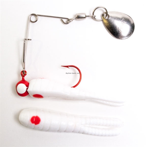 Picture of Betts Tackle Spin Bleeder Series Biting Frenzy Fishing Jig, 1 1/2", 1/16 Oz, White/Red Dot/Red With White Eye