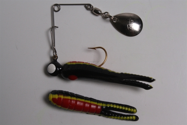 Picture of Betts Tackle Spin Split Tail Lure, 1 1/2", 1/16 Oz, Black/Yellow Stripe/Red Belly