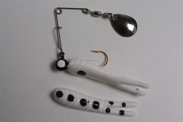 Picture of Betts Tackle Spin Split Tail Lure, 1 1/2", 1/16 Oz, White/Black Spots