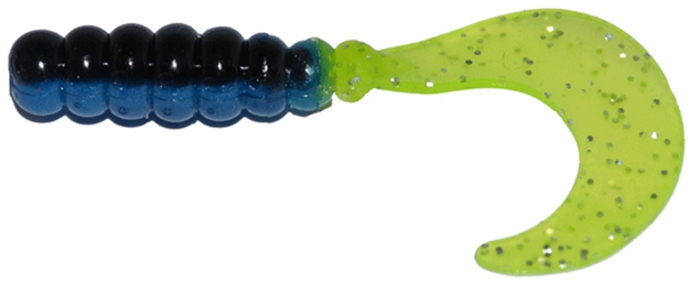 Picture of Big Bite Fat Grub Curl Tail, 2",, Black/Blue With Chartreuse Silver, 10/Pack FG205 805104000952