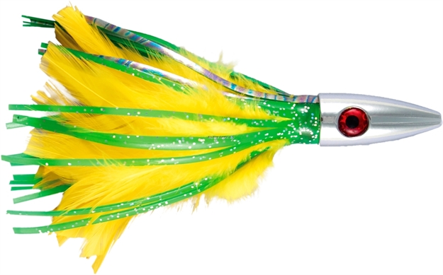 Picture of Billy Baits Ahi Slayer Trolling Lure,,  Green/Yellow Feather/Vinyl Skirt, 5 IN (12.7 Cm)