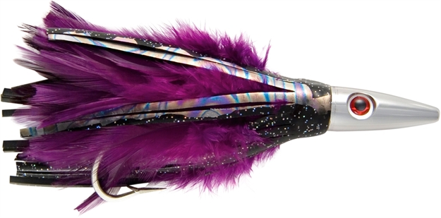 Picture of Billy Baits Ahi Slayer Trolling Lure, Rigged & Ready, Black/Prpl Feather Skirt, 7/0 Hook, 100 LB Mono, 6 FT
