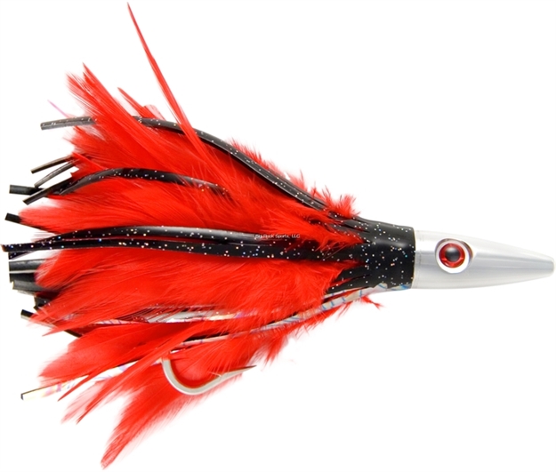 Picture of Billy Baits Ahi Slayer Trolling Lure, Rigged & Ready, Black/Red Feather Skirt, 7/0 Hook, 100 LB Mono, 6 FT