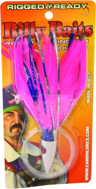 Picture of Billy Baits Ahi Slayer Trolling Lure, Rigged & Ready, Blue/Pink Feather Skirt, 7/0 Hook, 100 LB Mono, 6 FT