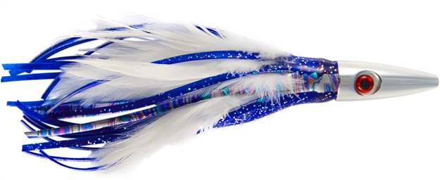 Picture of Billy Baits Ahi Slayer Trolling Lure, Rigged & Ready, Blue/White Feather Skirt, 7/0 Hook, 100 LB Mono, 6 FT