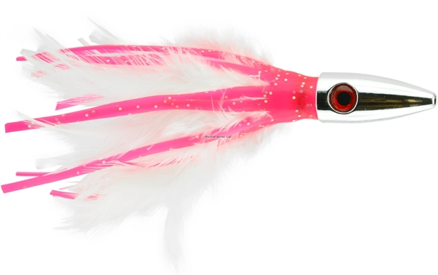 Picture of Billy Baits Ahi Slayer Trolling Lure, Rigged & Ready, Pink/White Feather Skirt, 7/0 Hook, 100 LB Mono, 6 FT