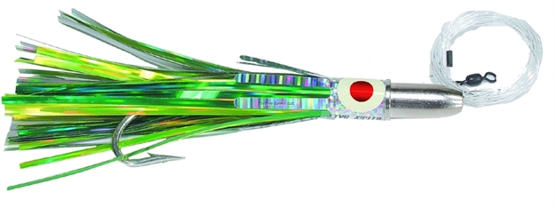 Picture of Billy Baits Double Cavitator Trolling Lure Rigged & Ready, Chartreuse/Green Skirt, 7/0 Hook, 100 LB Mono, 6 FT