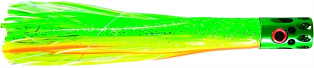 Picture of Billy Baits Magnum Turbo Whistler Trolling Lure,  Green/Chartreuse/Orange/Pearl Skirt, 2 OZ Head