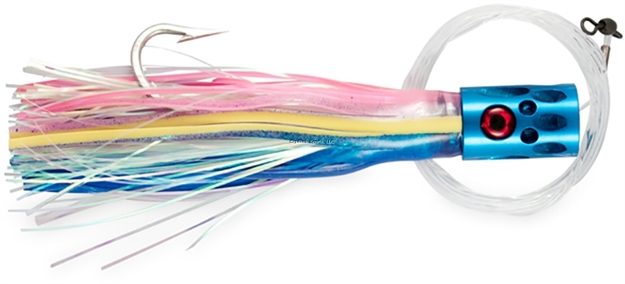 Picture of Billy Baits Magnum Turbo Whistler Trolling Lure, Rigged & Ready, Blue/Pink/Pearl Skirt, 2 OZ Head, 7/0 Hook, 100 LB Mono, 6 FT