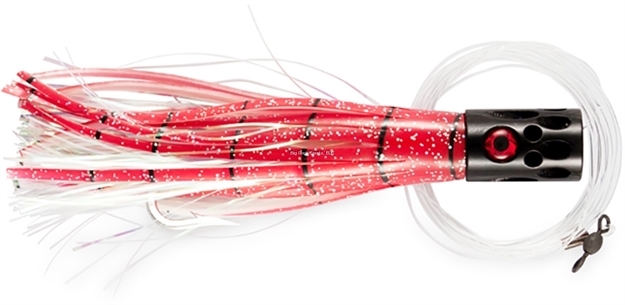 Picture of Billy Baits Magnum Turbo Whistler Trolling Lure, Rigged & Ready, Red/Pearl/Pearl Skirt, 2 OZ Head, 7/0 Hook, 100 LB Mono, 6 FT