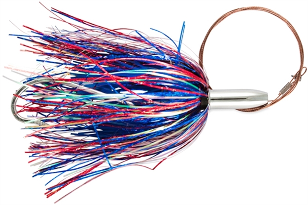 Picture of Billy Baits Mini Turbo Slammer Trolling Lure, Rigged & Ready, Red/Silver/Blue/Blue, Concave Head, 7/0 Hook, 100 LB Mono, 6 FT