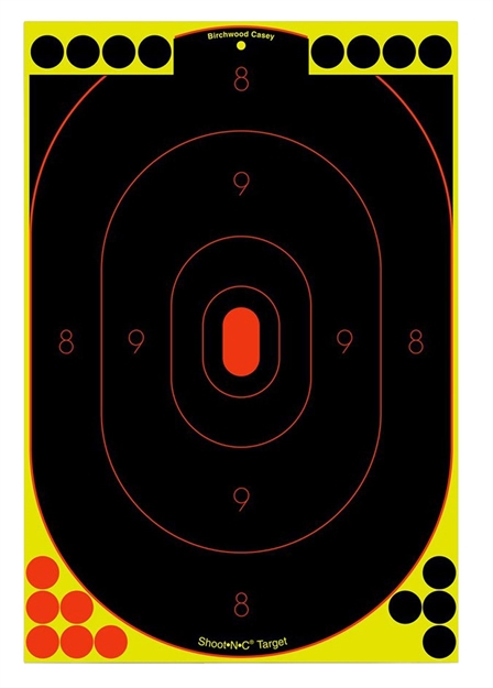 Picture of Birchwood Casey 34603 Shoot-N-C Reactive Target Self-Adhesive Paper Black/Yellow/Red 12"X18" Oval Silhouette 100 Pack 34603* 029057346039