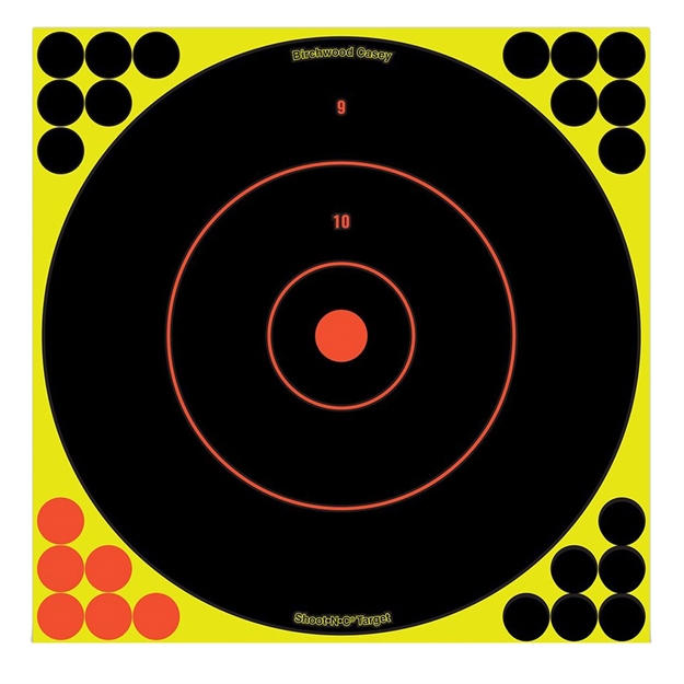 Picture of  Birchwood Casey 34070 Shoot-N-C Reactive Target Self-Adhesive Paper Black/Yellow/Red 12" Bullseye 100 Pack 029057340709
